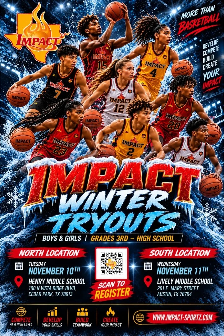 Impact Sportz Austin winter AAU basketball tryouts flyer
